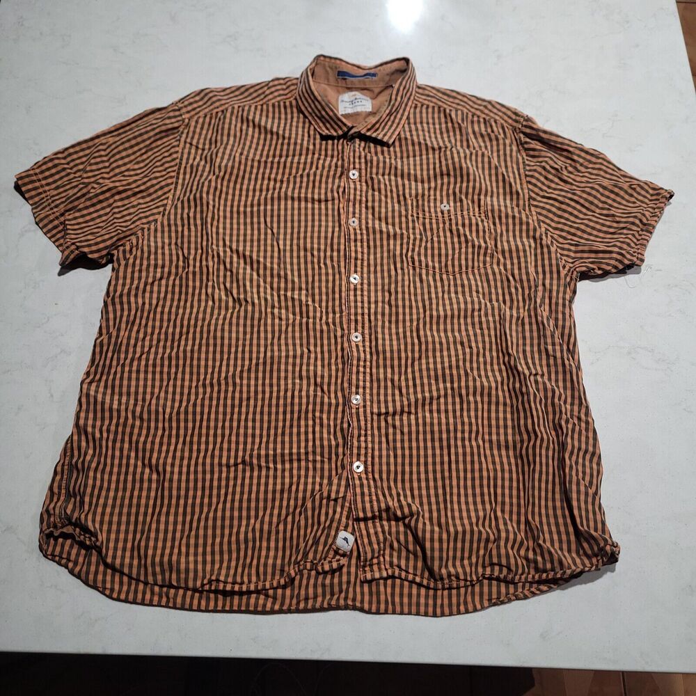 Tommy Bahama Jeans Island Crafted Lyocell Blend Pumpkin Orange Plaid Shirt EUC